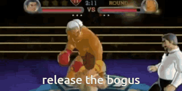 a cartoon of a man in a boxing ring with the words `` release the bogus '' written on the bottom .