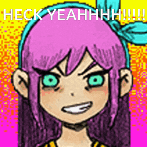 a pixel art of a girl with pink hair and green eyes says heck yeahhhh