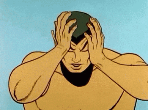 a cartoon man is holding his head in pain
