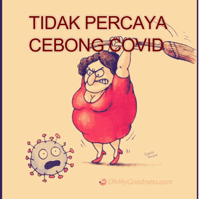 a cartoon of a woman sweeping a virus with the words tidak percaya cebong covid