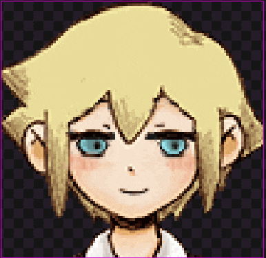 a pixel art of a girl with blonde hair and blue eyes