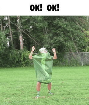 a man in a green raincoat is standing in a grassy field with the words " ok " above him