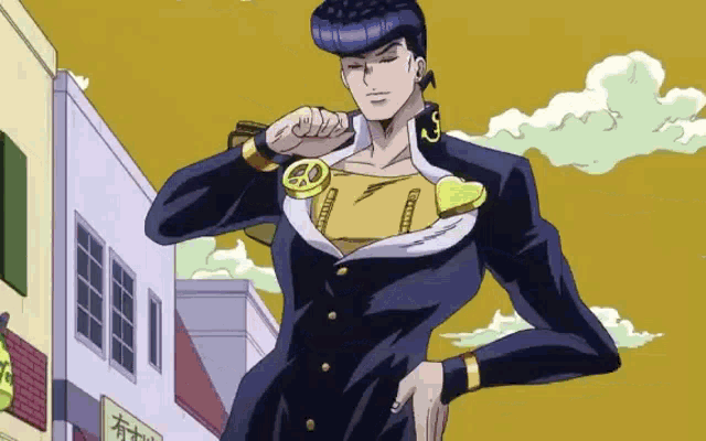 a cartoon character is standing in front of a building and looking at his watch .