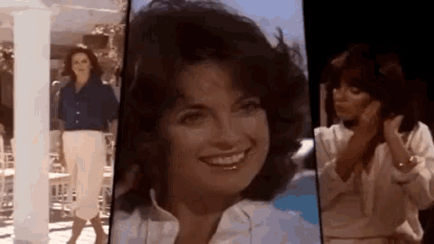 a woman in a blue shirt and white pants is smiling in a collage of three pictures .