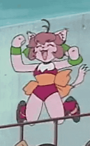 a cartoon character is standing on a railing with her arms in the air and making a funny face .