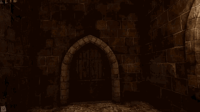 a screenshot of a video game shows a man holding a sword in a dark room