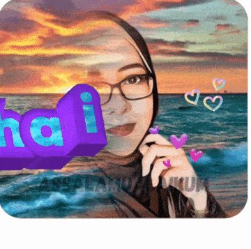 a woman wearing glasses and a hijab with a purple hai sign above her head