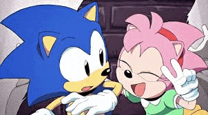 sonic the hedgehog and amy the hedgehog are standing next to each other in a cartoon .