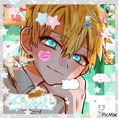 a picture of a boy with a pie on his chest and the word sweet on the bottom