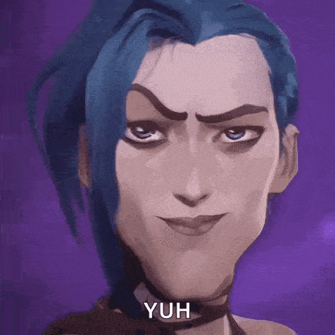 a cartoon character with blue hair is making a funny face and saying yuh .