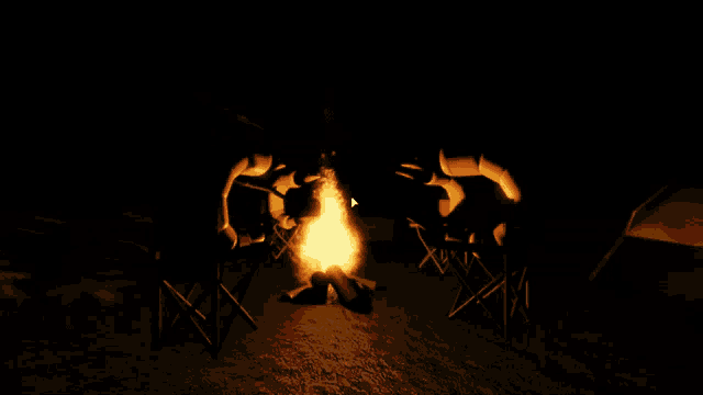 a campfire is surrounded by chairs and a tent in the dark