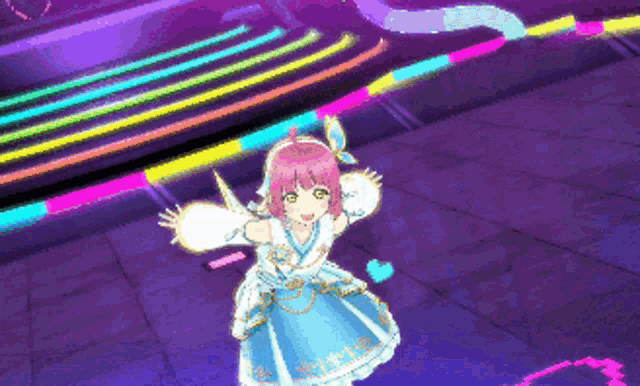 a girl in a blue dress is dancing in a video game