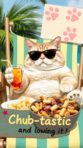 a cat wearing sunglasses sits in a chair holding a drink and a bowl of cereal