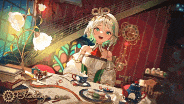 a girl is sitting at a table with a starting soon sign behind her