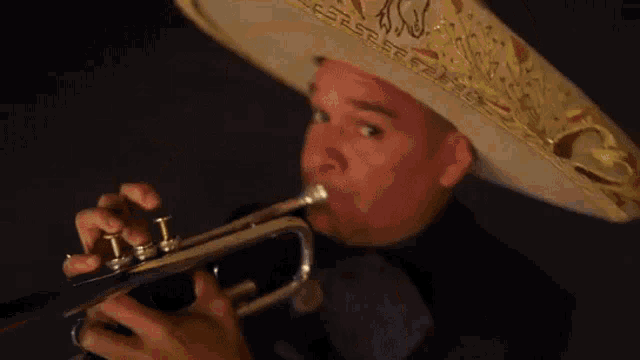 a man in a sombrero is playing a trumpet in a dark room .
