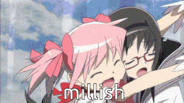two anime girls are hugging each other with the words millish written on the bottom