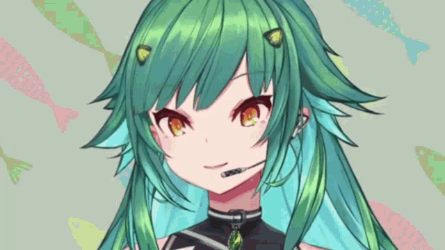 a close up of a girl with green hair and a microphone on her head