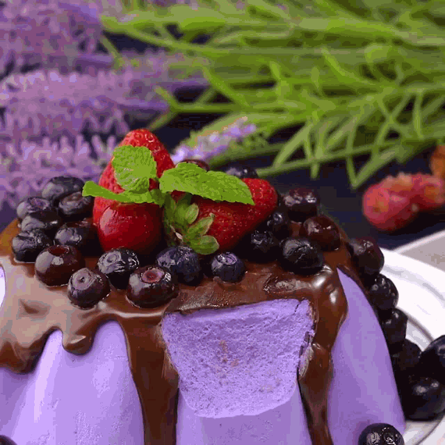 a purple cake with chocolate sauce and blueberries on top