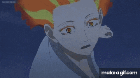 a cartoon character with a bald head and orange hair is looking at something .