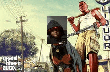 a man in a hood is chained to a dog in a grand theft auto video game .