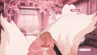 a girl with pink hair is standing in front of a room with pink flowers and a chat button