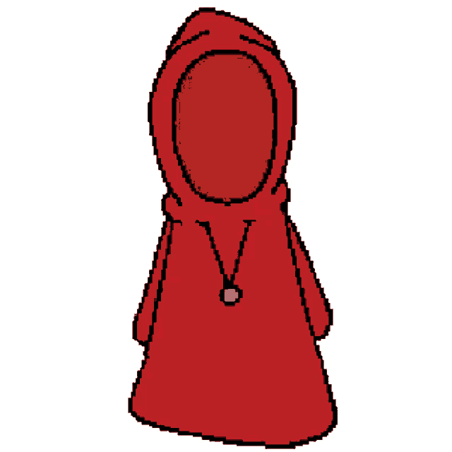a pixel art drawing of a red hooded cloak with a yellow pendant