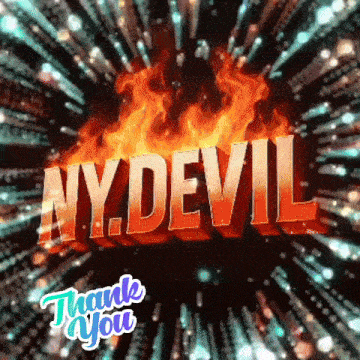 the word nydevil is surrounded by flames and the words thank you