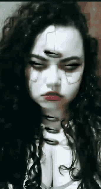 a close up of a woman 's face with a scary face painted on her face .