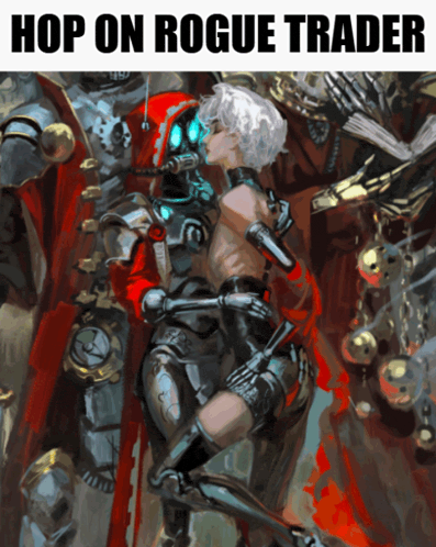 a poster that says hop on rogue trader with a picture of two people