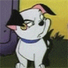 a cartoon dog wearing glasses and a blue collar is sitting in front of a door .