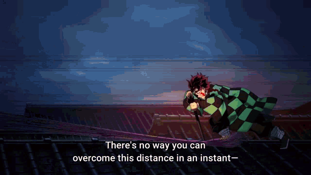 a pixel art of a person with the words " there 's no way you can overcome this distance in an instant " below them