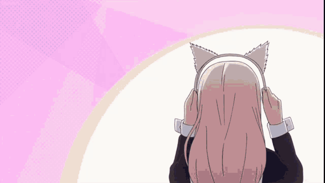 a girl with a cat ear is standing in the rain with a blue background