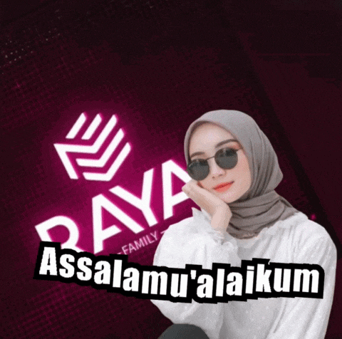 a woman wearing sunglasses and a hijab is sitting in front of a raya family sign