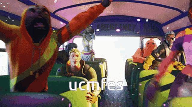 a group of people are on a bus with the word ucmfest on the bottom