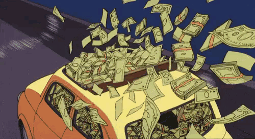 a cartoon drawing of a car filled with money with one dollar bills flying out of the roof