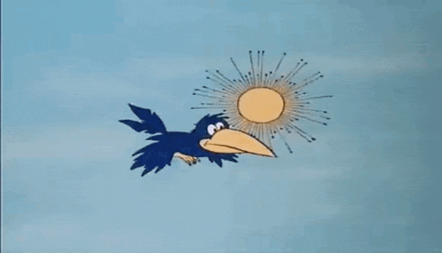 a cartoon bird is flying in the sky with a sun shining on its head .