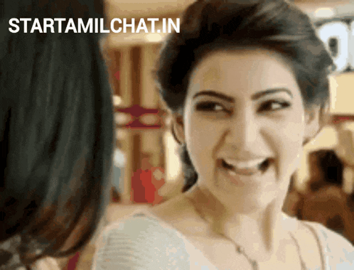 a woman is smiling in front of a starttamilchat.in logo