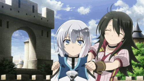 a couple of anime girls standing next to each other in front of a castle