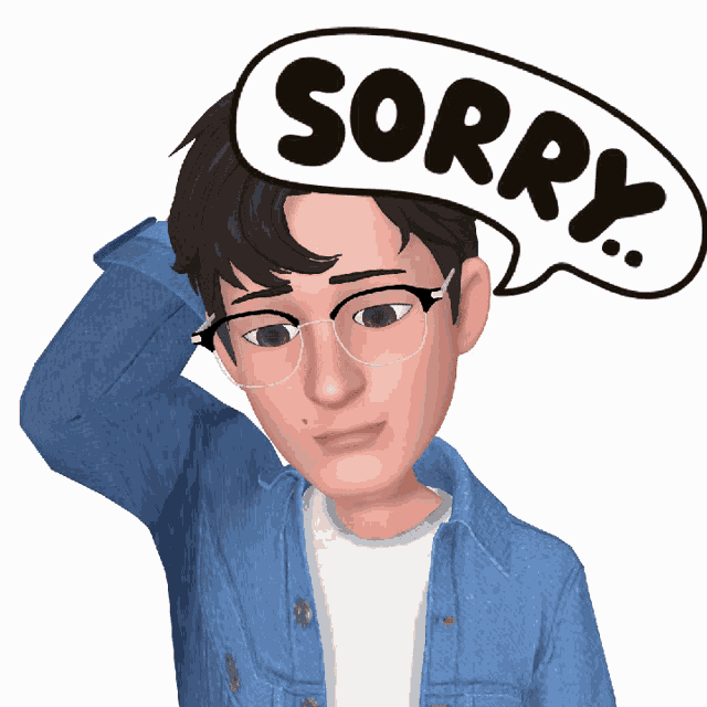 a cartoon character with a speech bubble saying sorry