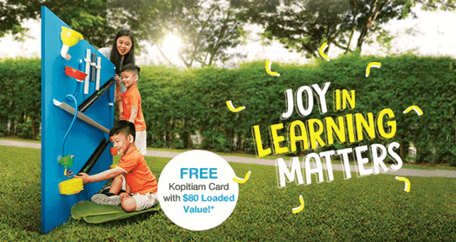 an advertisement for joy in learning matters with a free kopitiam card with $ 80 loaded value