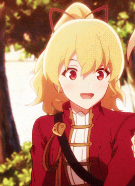 a girl with blonde hair and red eyes is wearing a red jacket with a black strap