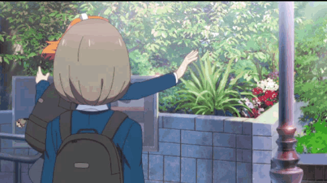 a cartoon girl with a backpack is standing in front of a brick wall