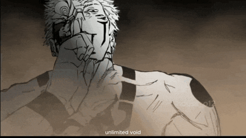 a black and white drawing of a man with the words unlimited void on the bottom right