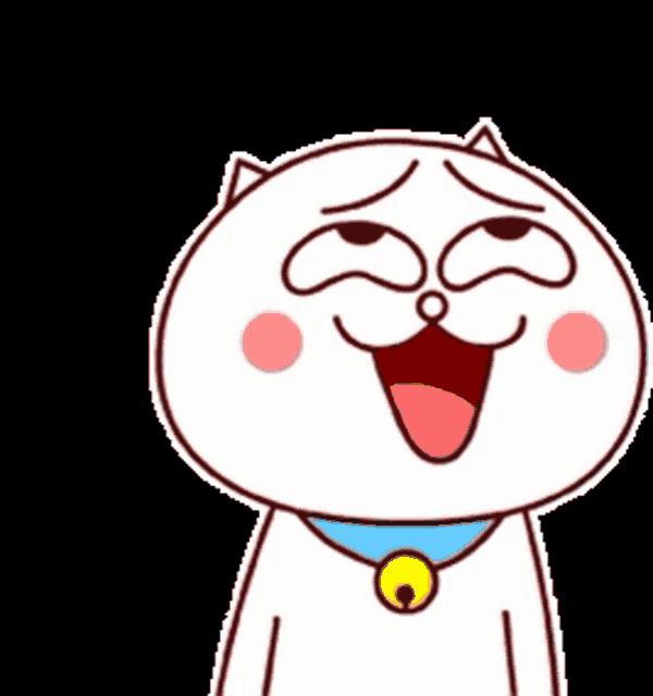 a cartoon cat with a necklace around its neck is making a funny face with its mouth open .
