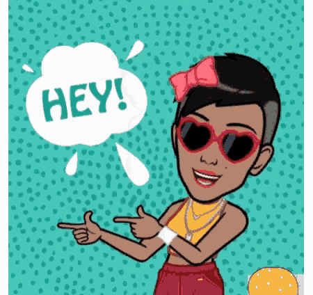 a cartoon woman wearing heart shaped sunglasses and a pink bow is pointing at something .