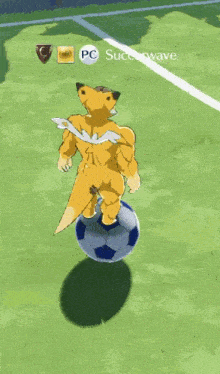 a furry character is standing on a soccer ball on a field .