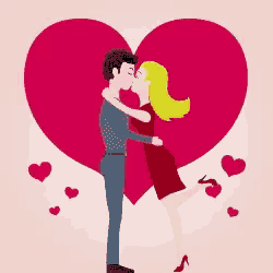 a man and a woman kissing in front of a large heart