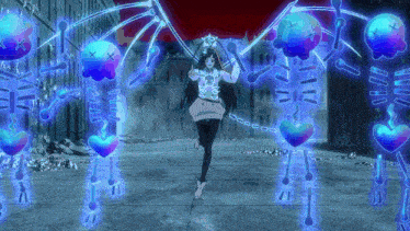 a girl is chained to a skeleton surrounded by hearts