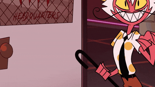 a cartoon character is standing in front of a door that says headquarters