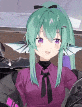 a girl with green hair and purple eyes is wearing a purple shirt and black tie .